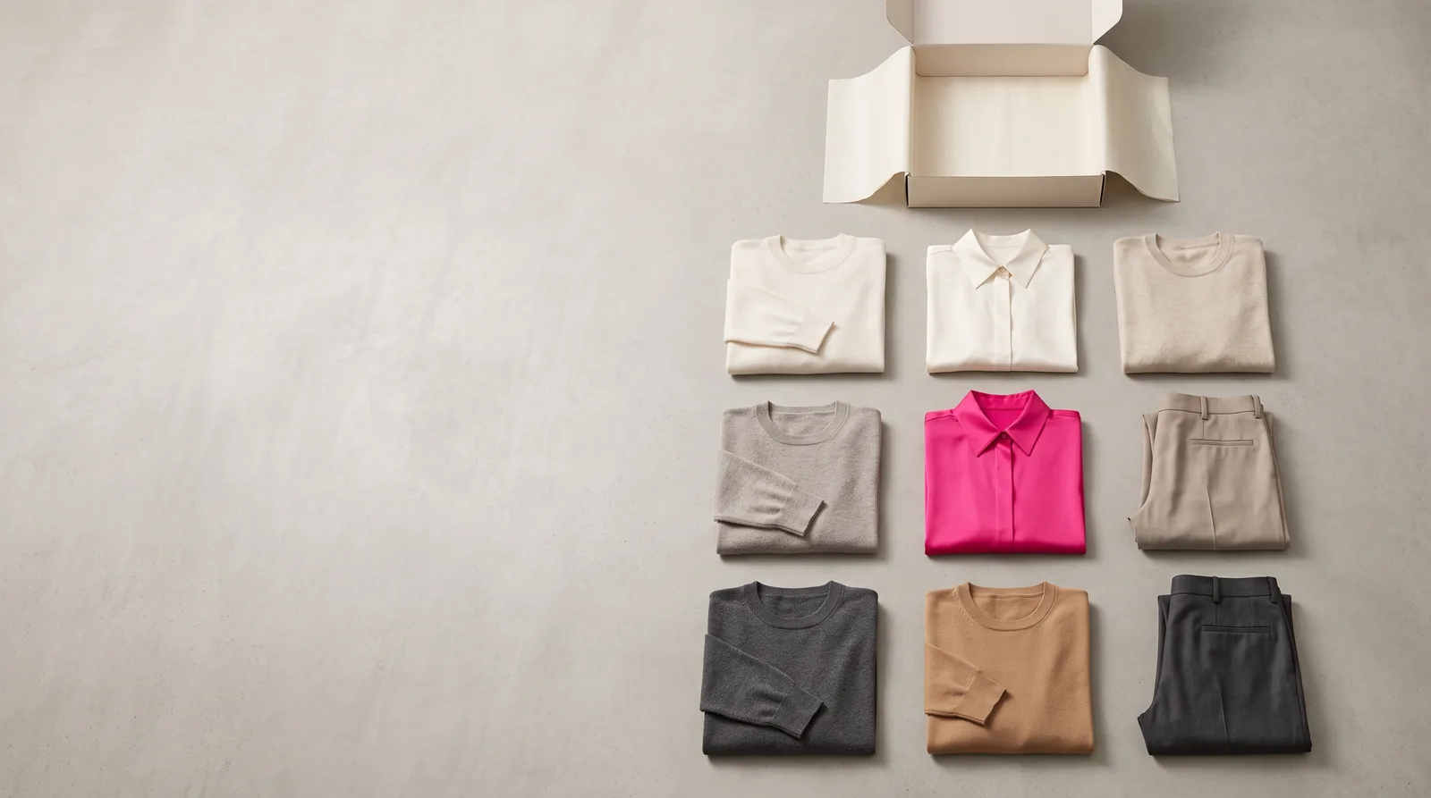 Folded knitwear, shirts and trousers laid out beside an open box