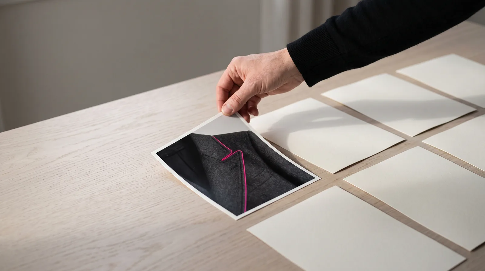 A hand laying a printed frame down among blank sheets on a pale table