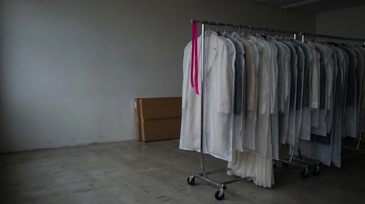 A finished season on a rail in a dim stockroom, every piece still sealed in its garment bag, a magenta ribbon tied to one hanger